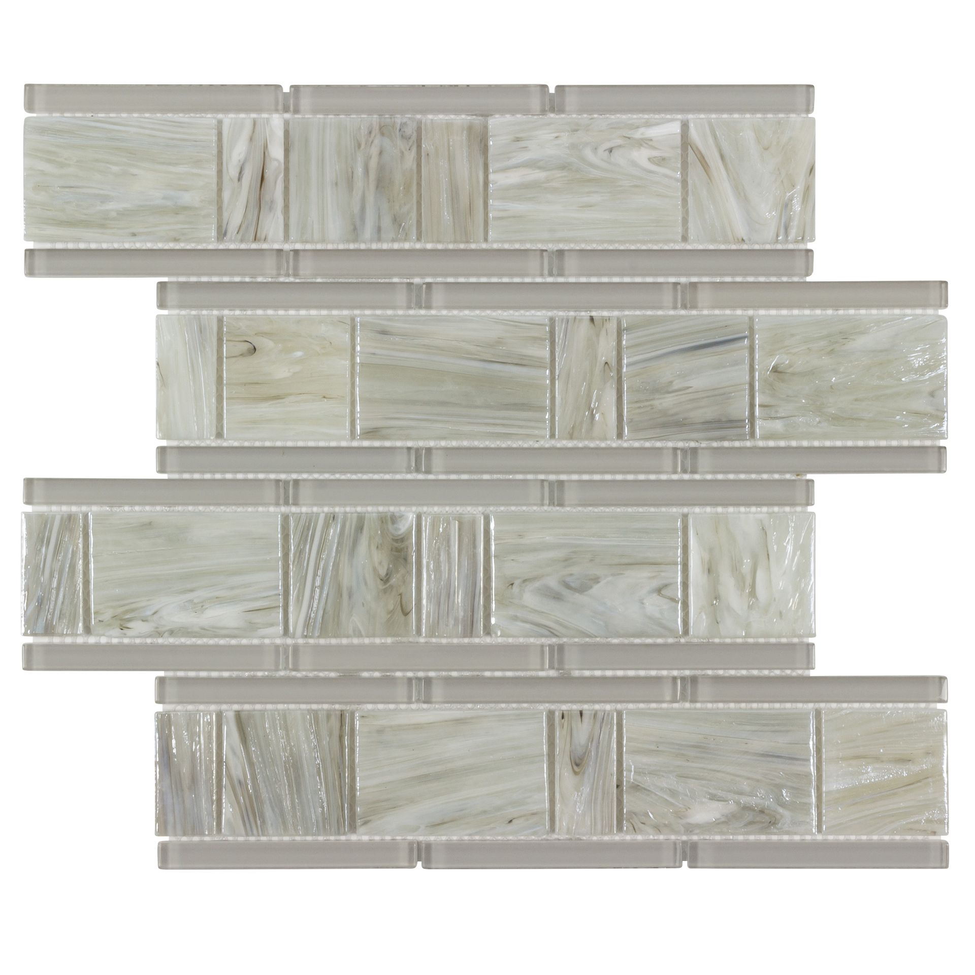 Four mosaic tile sheets; rectangular pattern with gray and white glass.