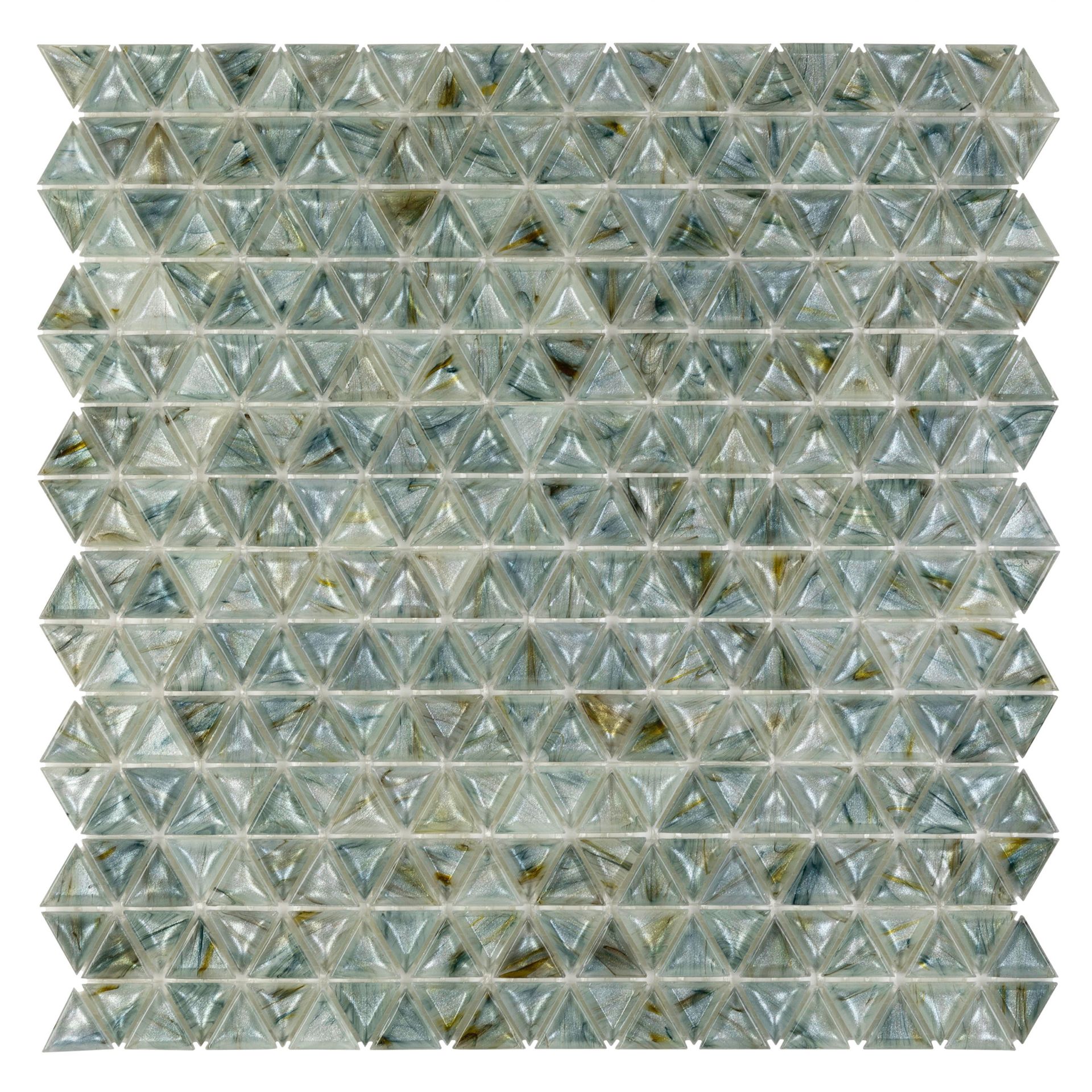 Triangular, textured mosaic tile pattern in shades of blue, green, and gold.