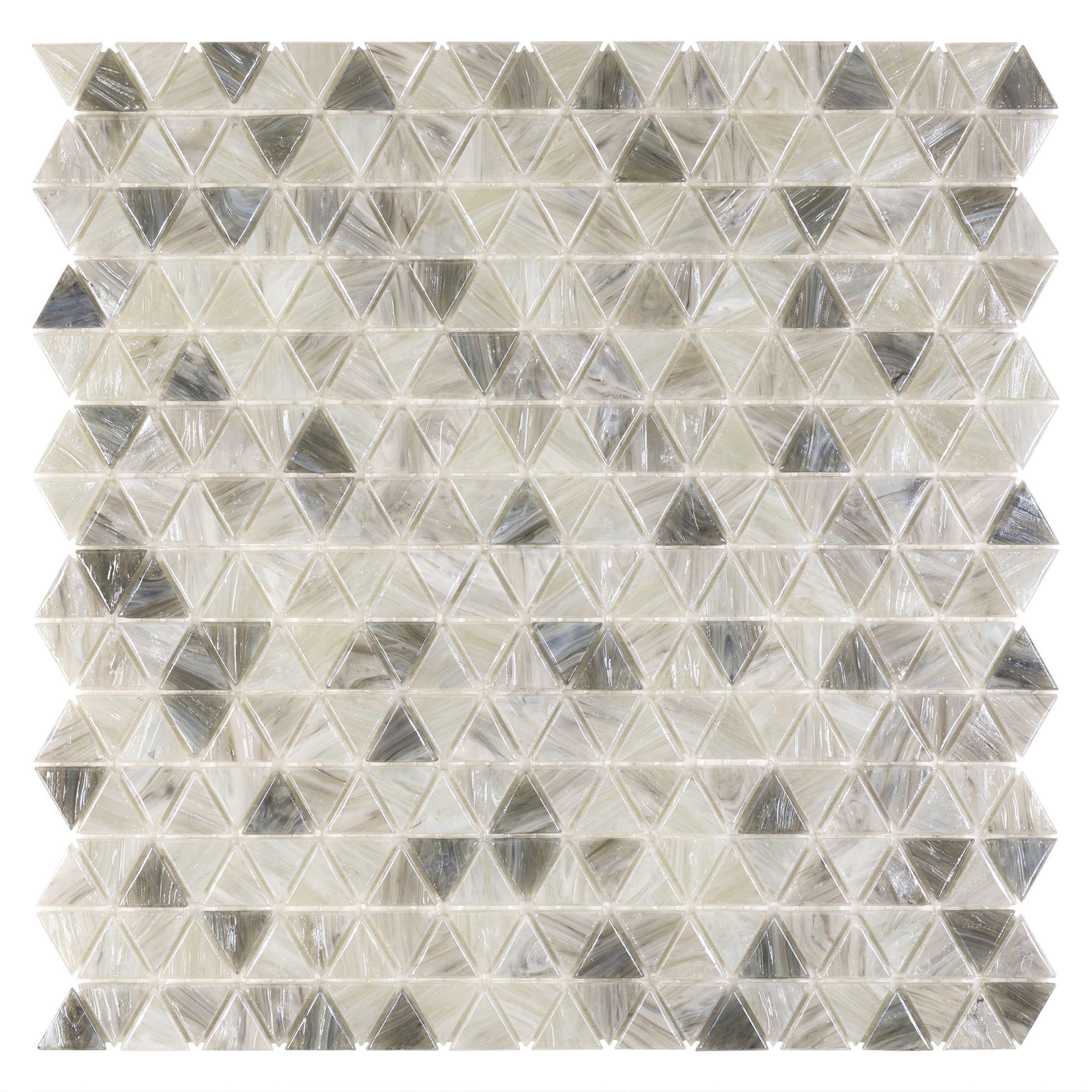Mosaic tile with triangle-shaped pieces in shades of white, beige, and gray.