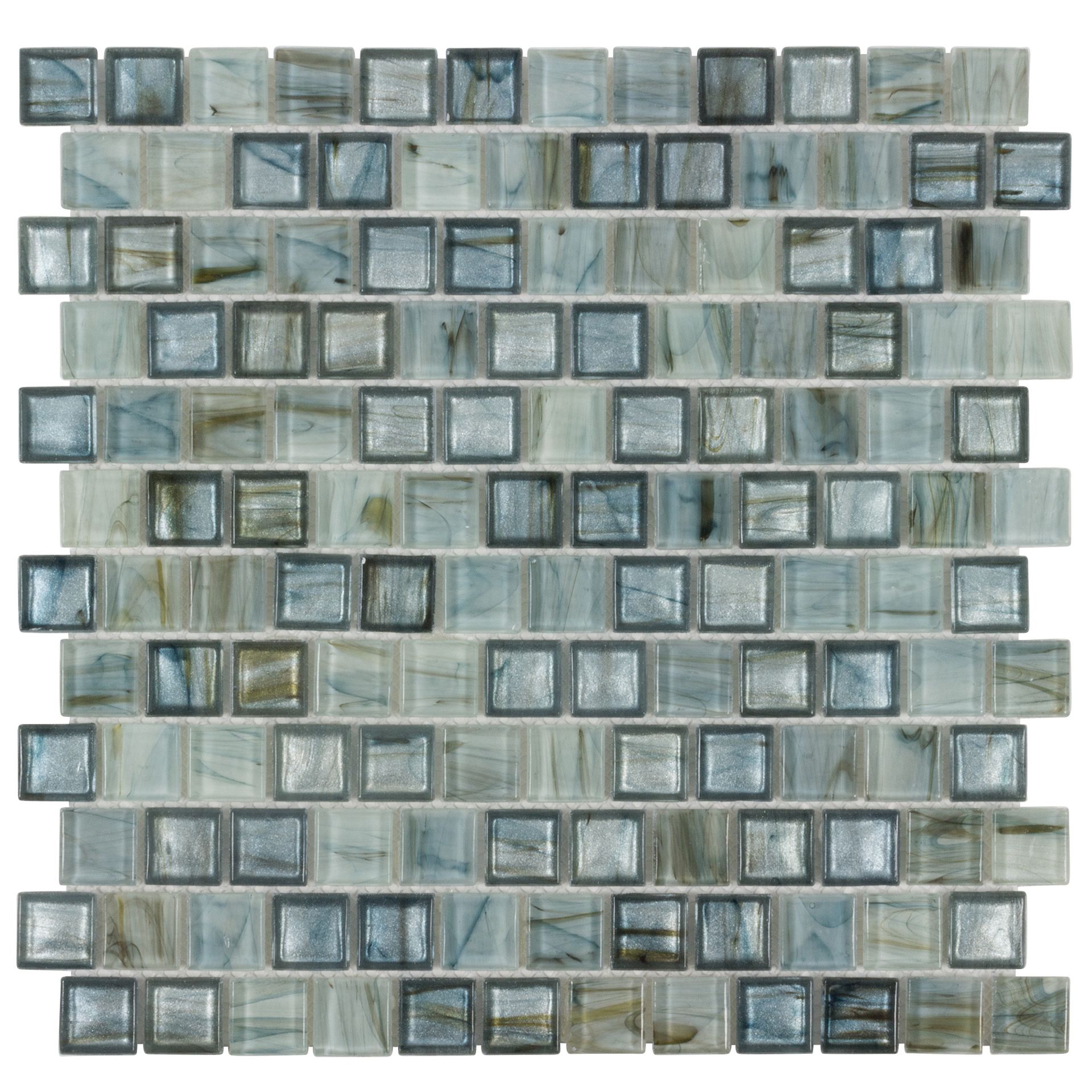 Mosaic tile in shades of blue and gray, with small square tiles arranged in rows.