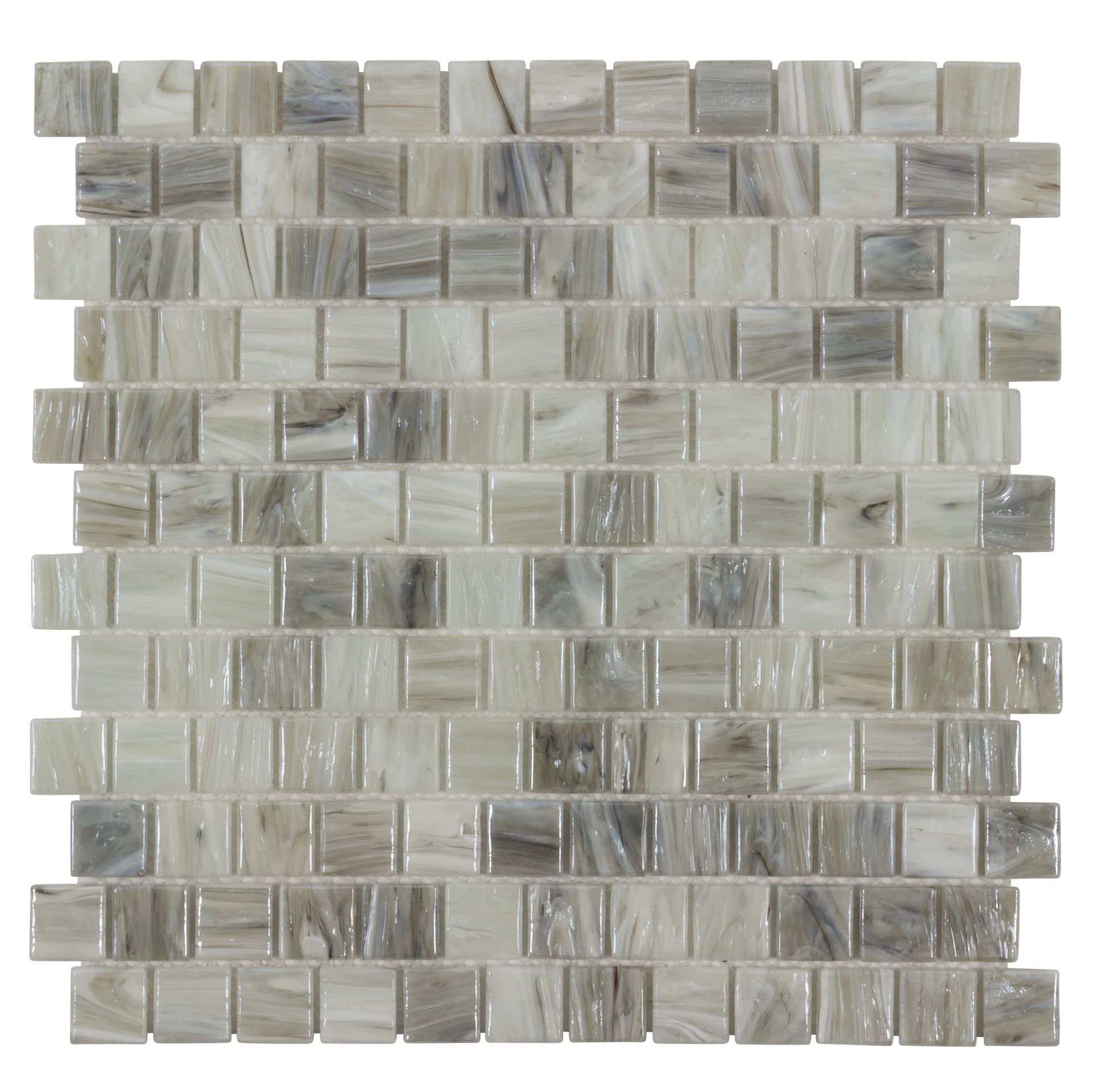 Mosaic tile sheet with small, square beige and gray tiles.