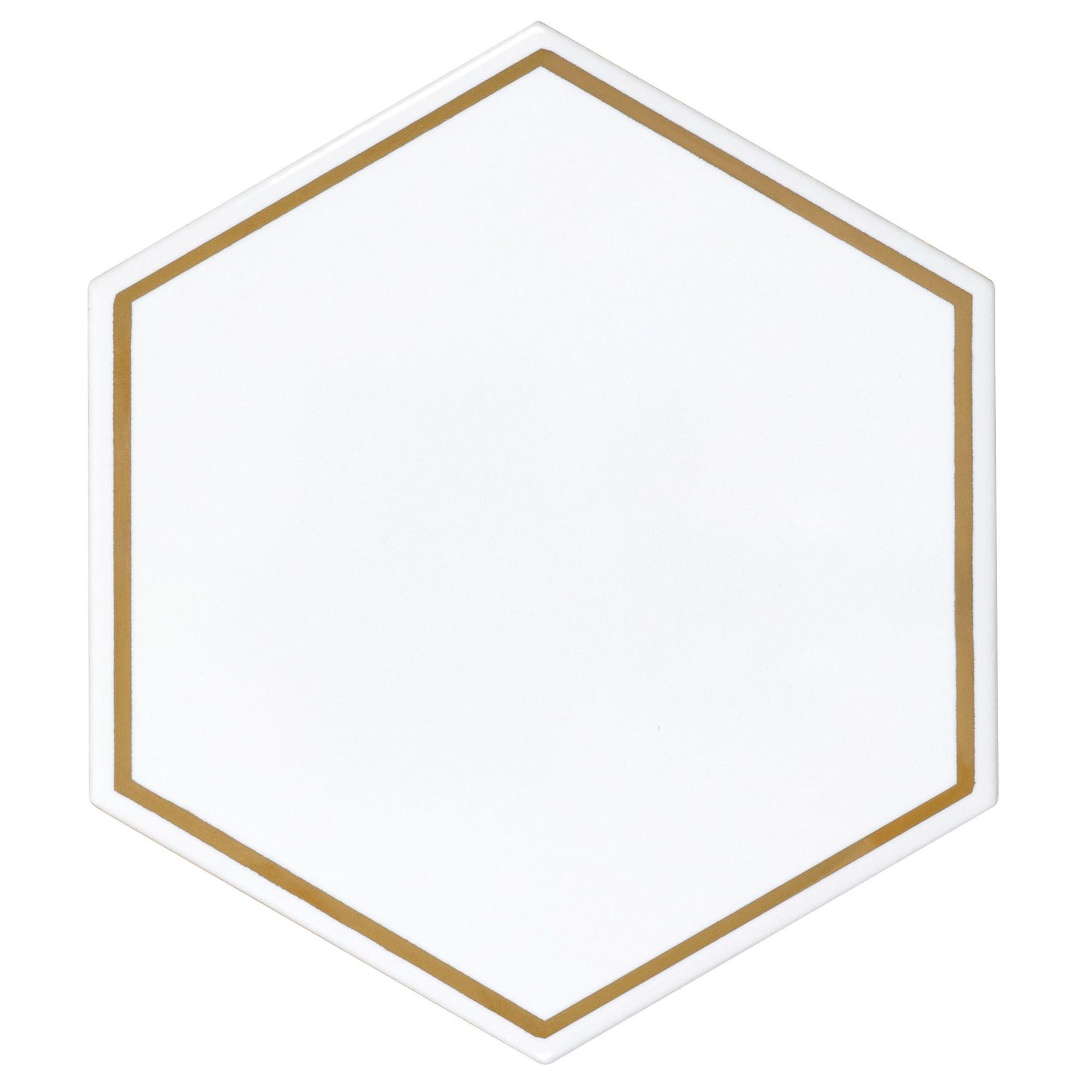 White hexagon with a gold outline.