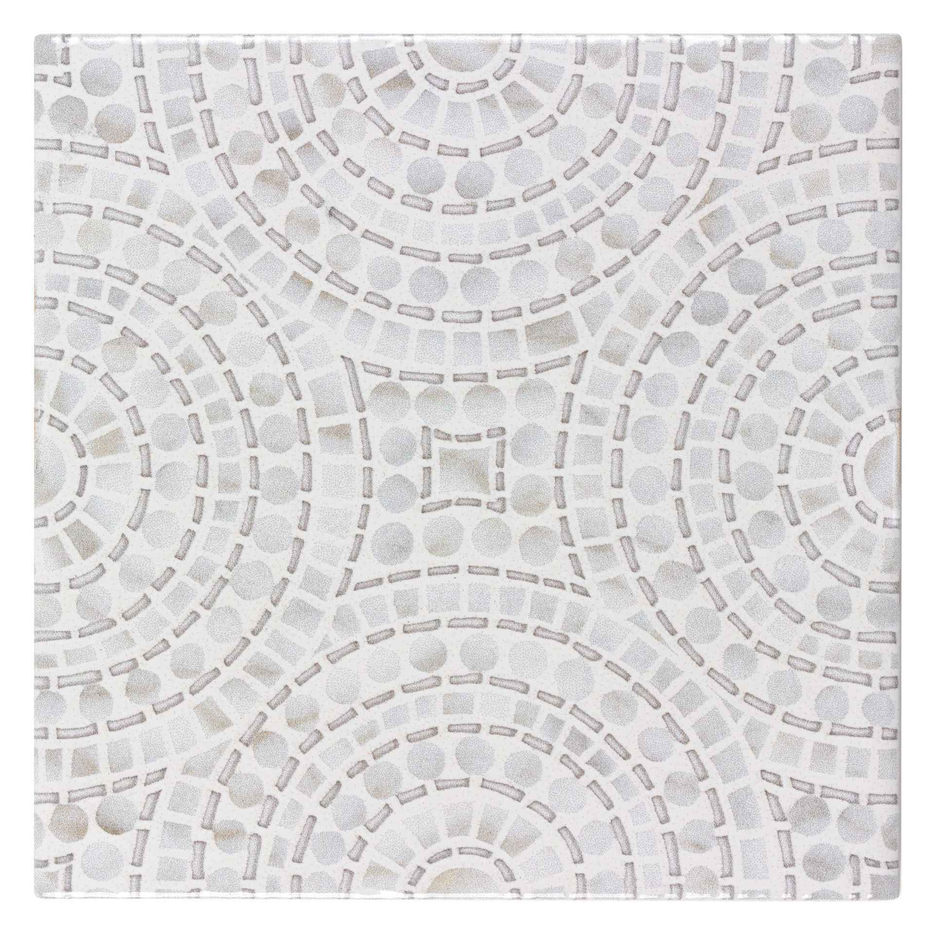 Tile with a white background and a circular, cobblestone-like pattern in shades of gray.