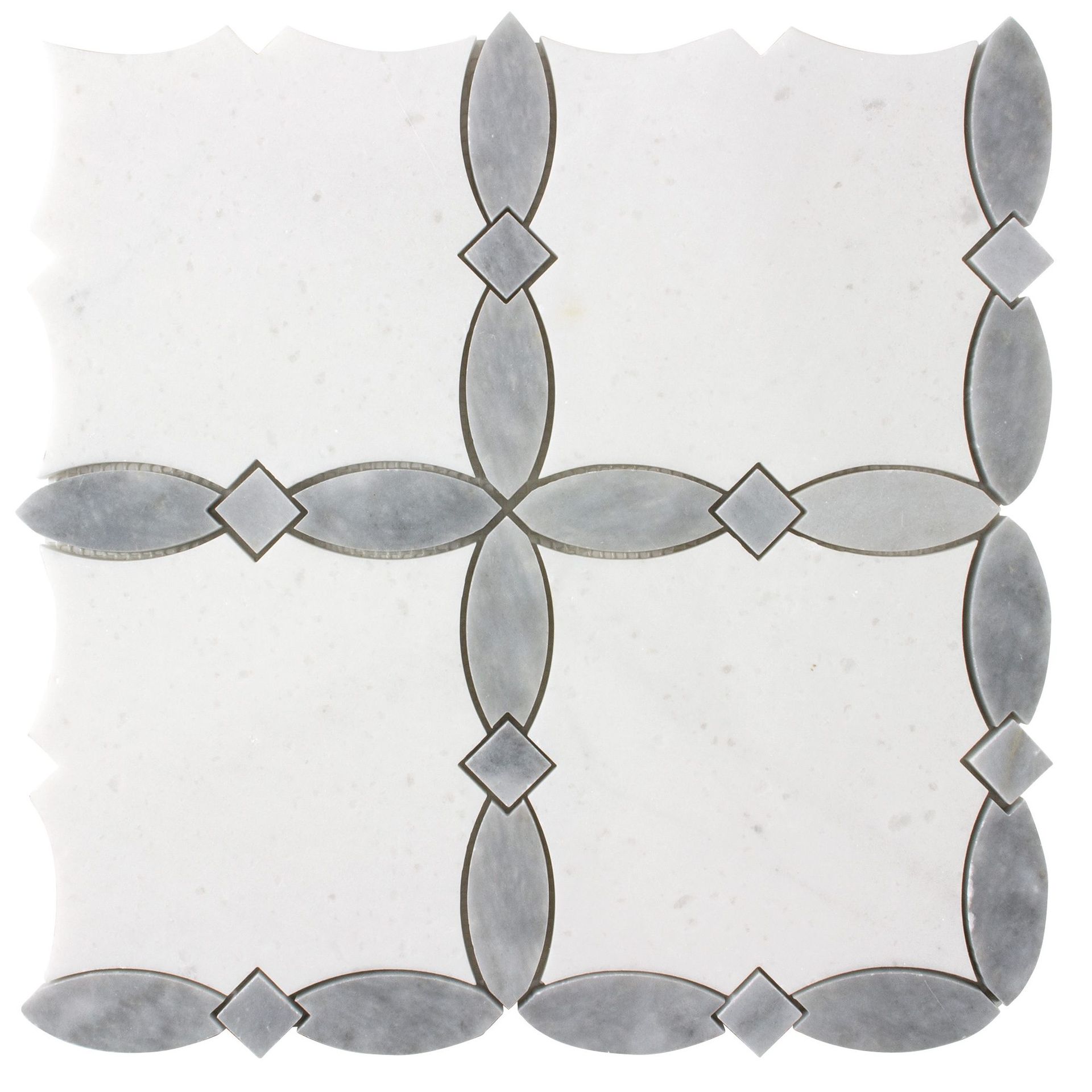 White and gray marble tile with a repeating floral and diamond pattern.