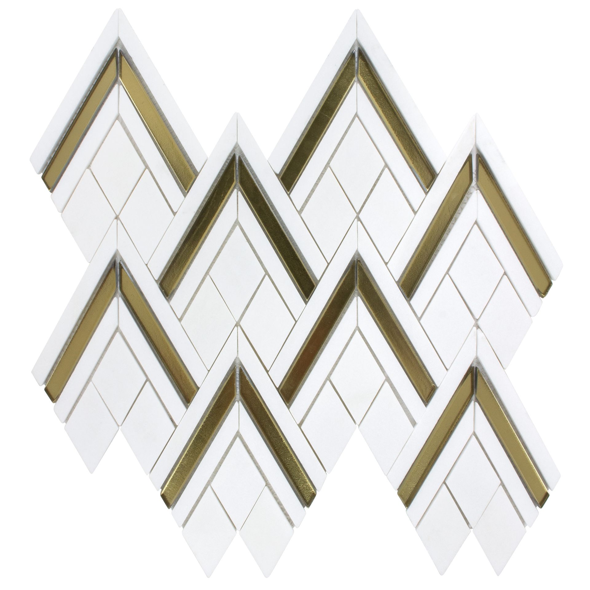 White and gold diamond-shaped mosaic tiles arranged in a pattern, suitable for wall or backsplash applications.