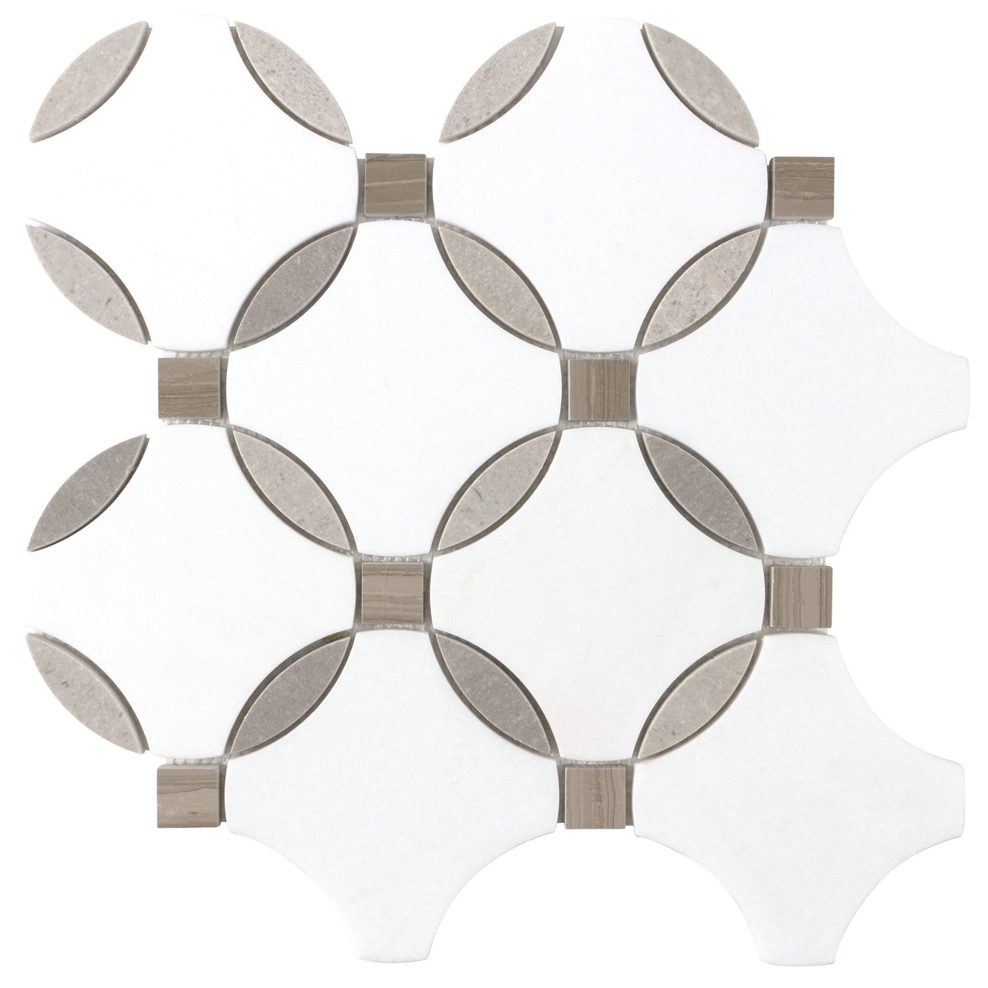 White and gray mosaic tile with a circle and square pattern.