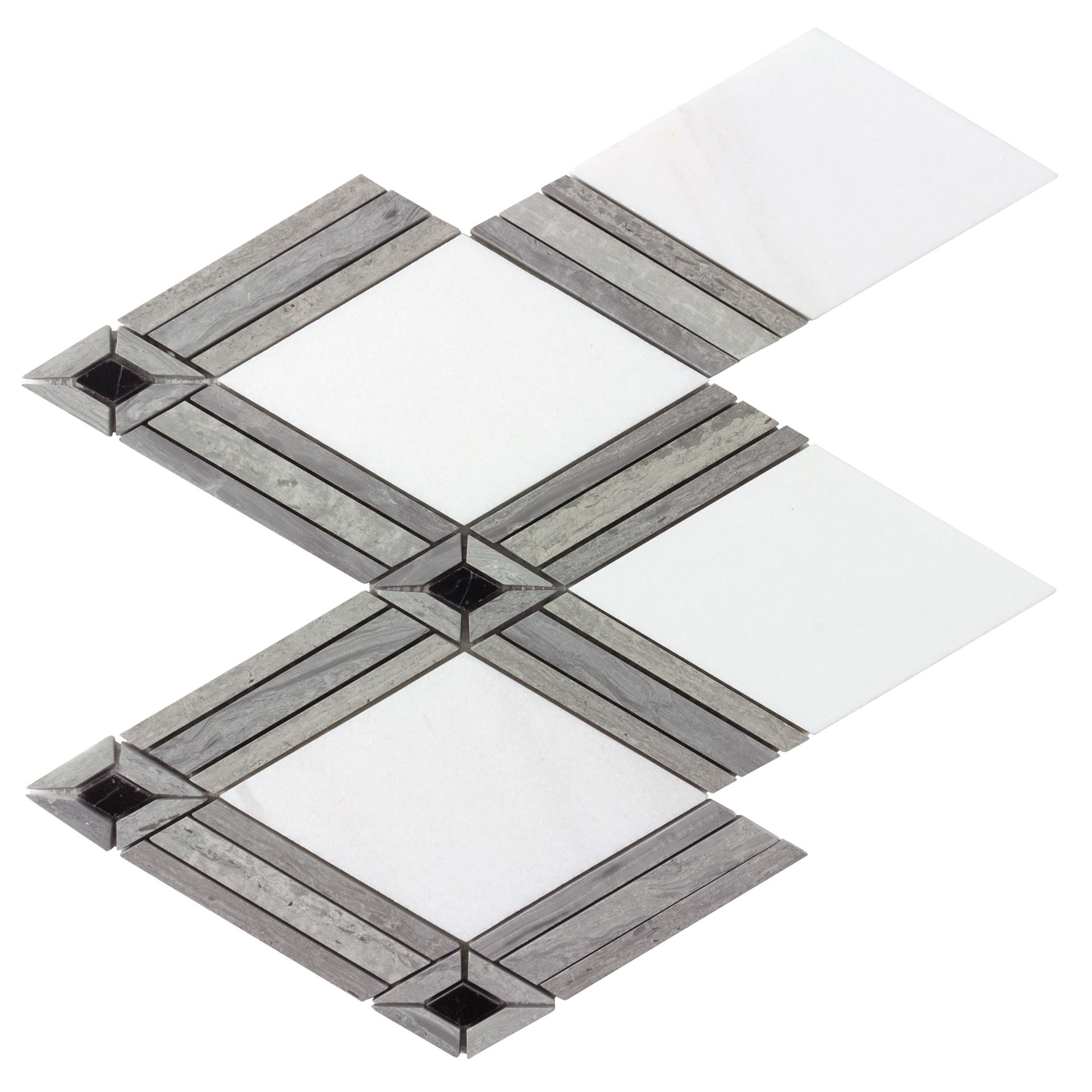 Diamond-patterned tile with white, gray and black mosaic pieces, arranged in a zigzag pattern.