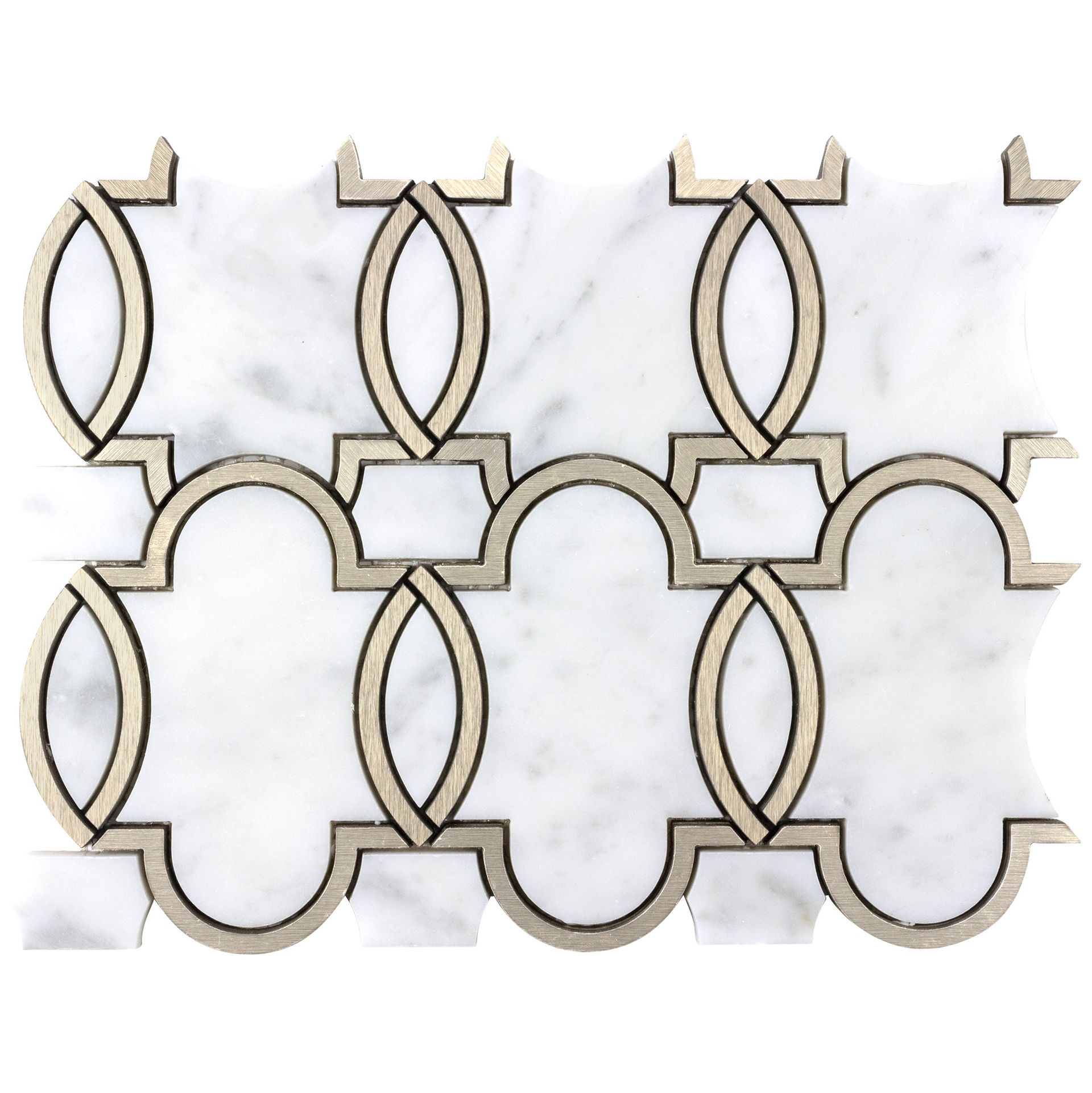 White marble tile with metallic silver interlocking geometric design.