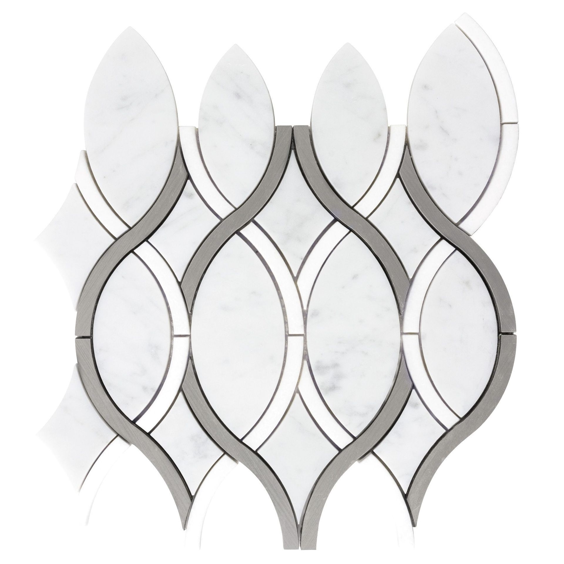 White marble mosaic tile with gray decorative border.