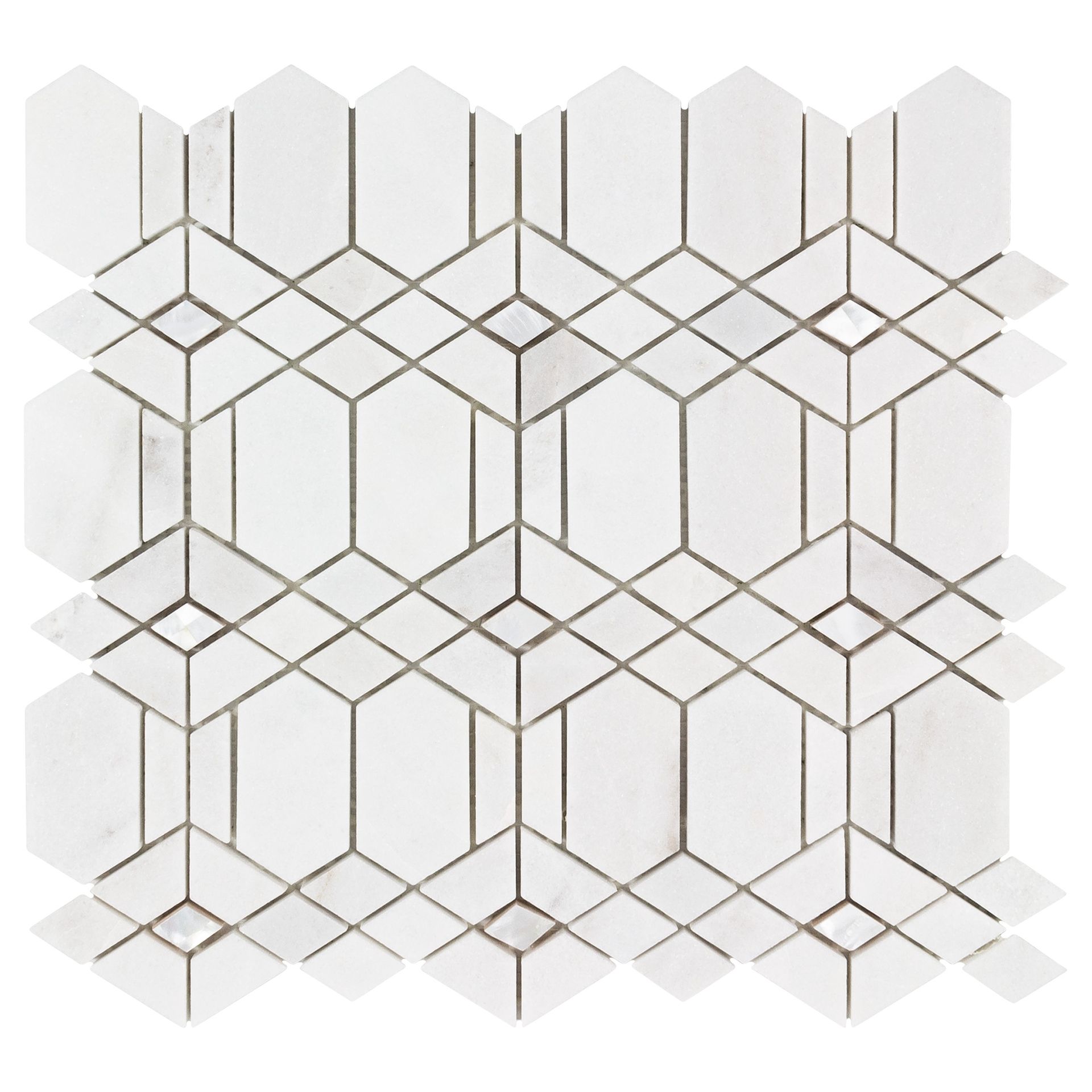 White marble mosaic tile with a geometric, interlocking pattern.