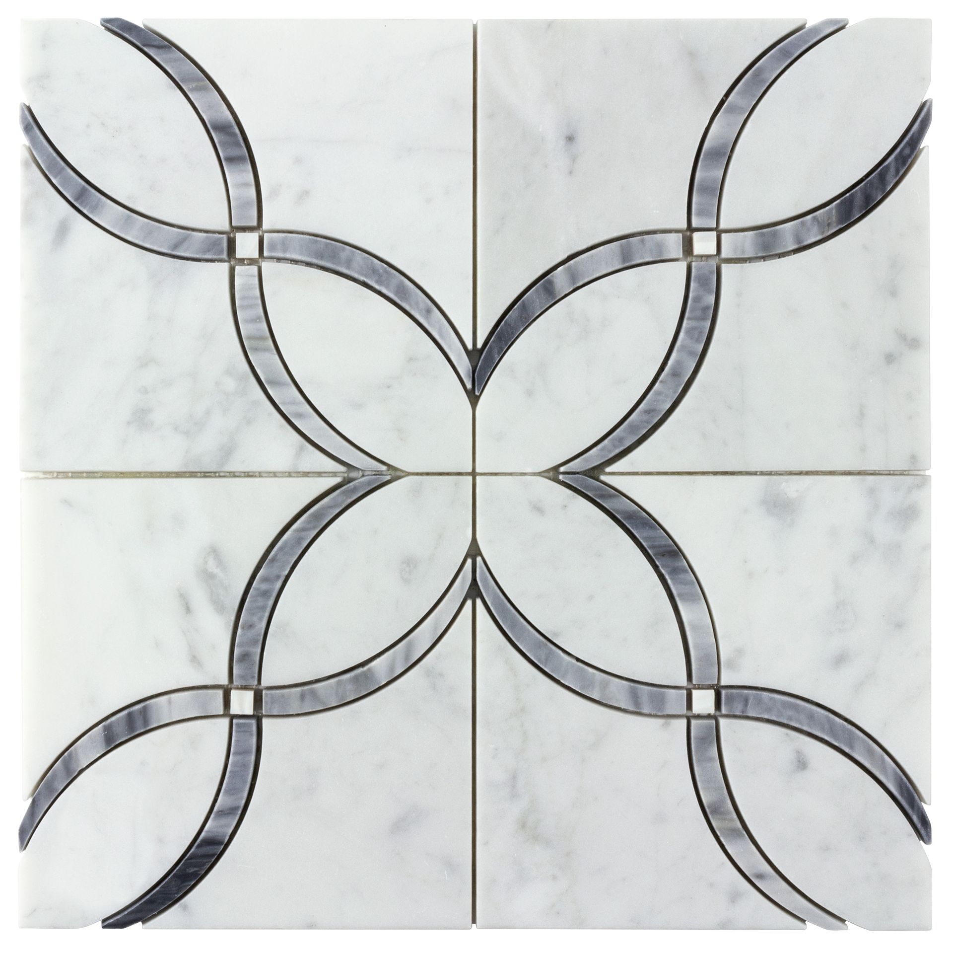 Four white marble tiles arranged in a pattern with gray looping accents and small square accents.