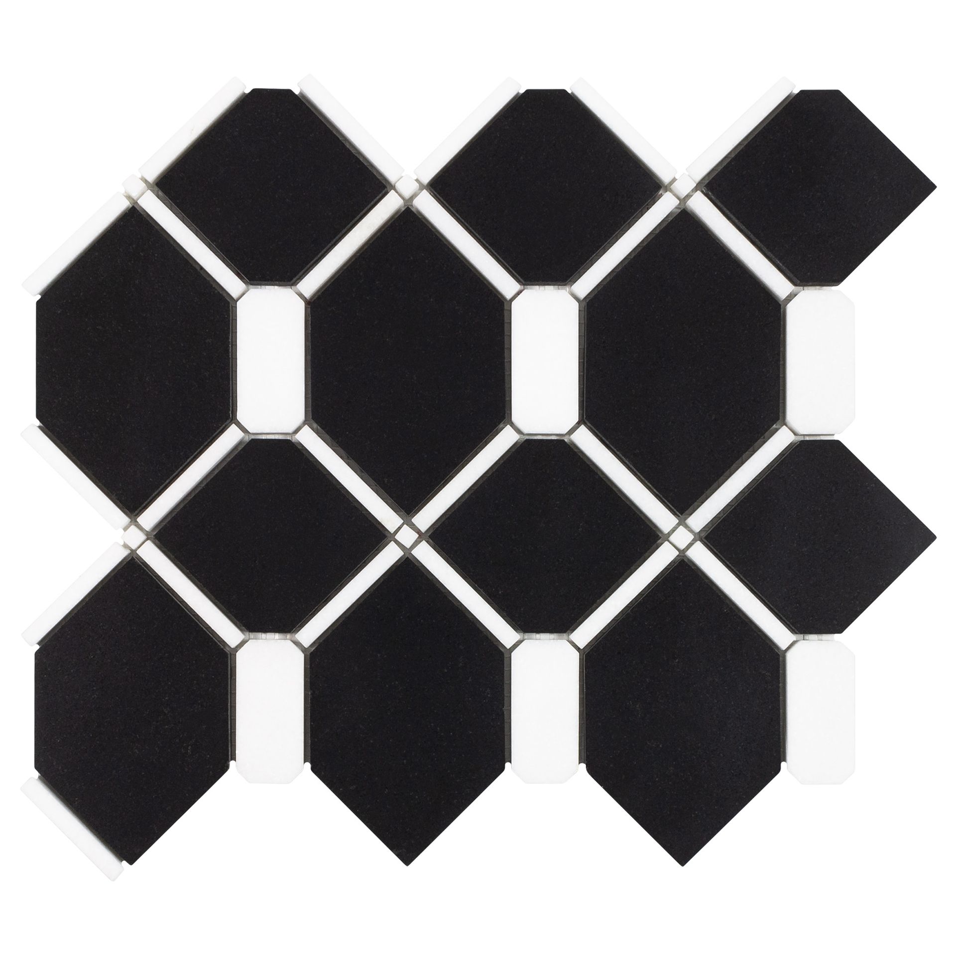 Black and white octagon tile pattern. Black octagons connected by white vertical rectangles and borders.
