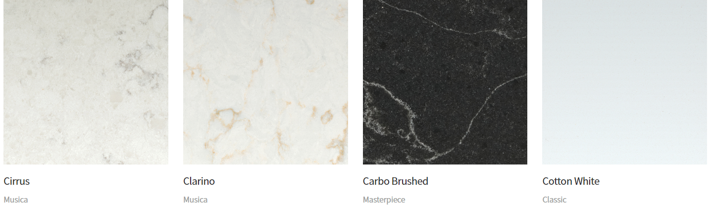 Four rectangular stone samples: off-white, beige, black, and light blue.