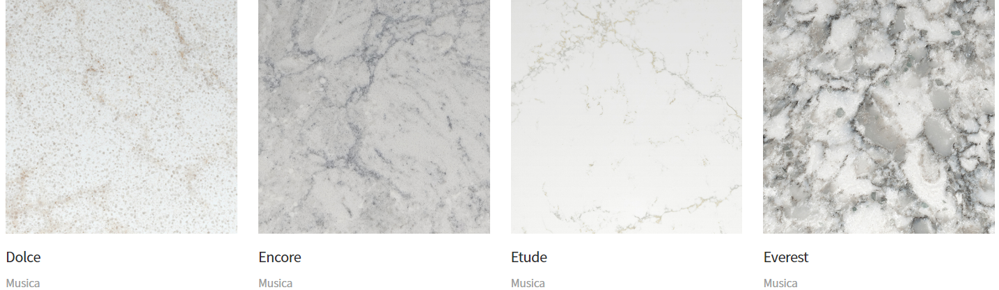 Four white and gray patterned countertop swatches labeled 