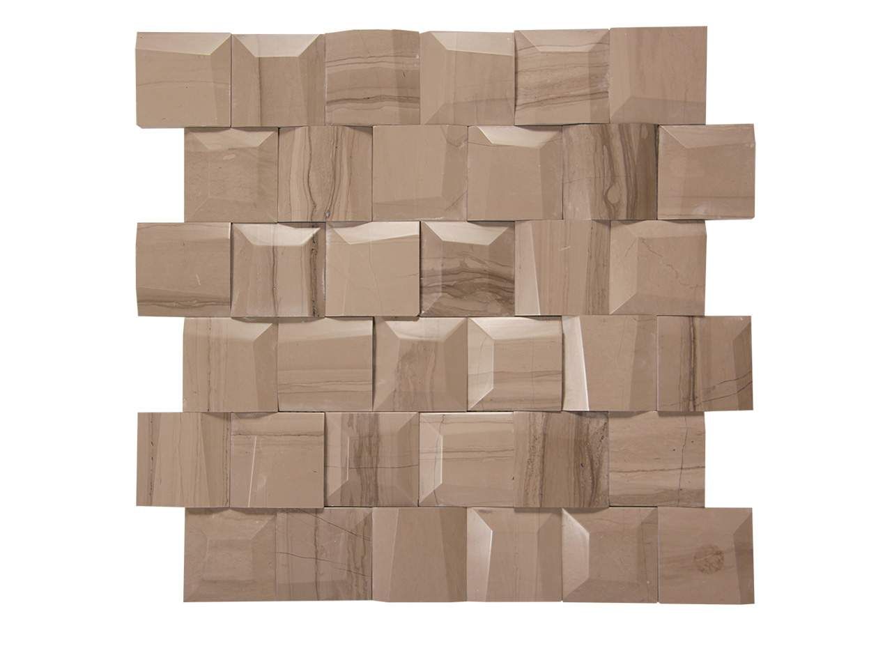 Tan and gray stone tile with textured, square blocks.