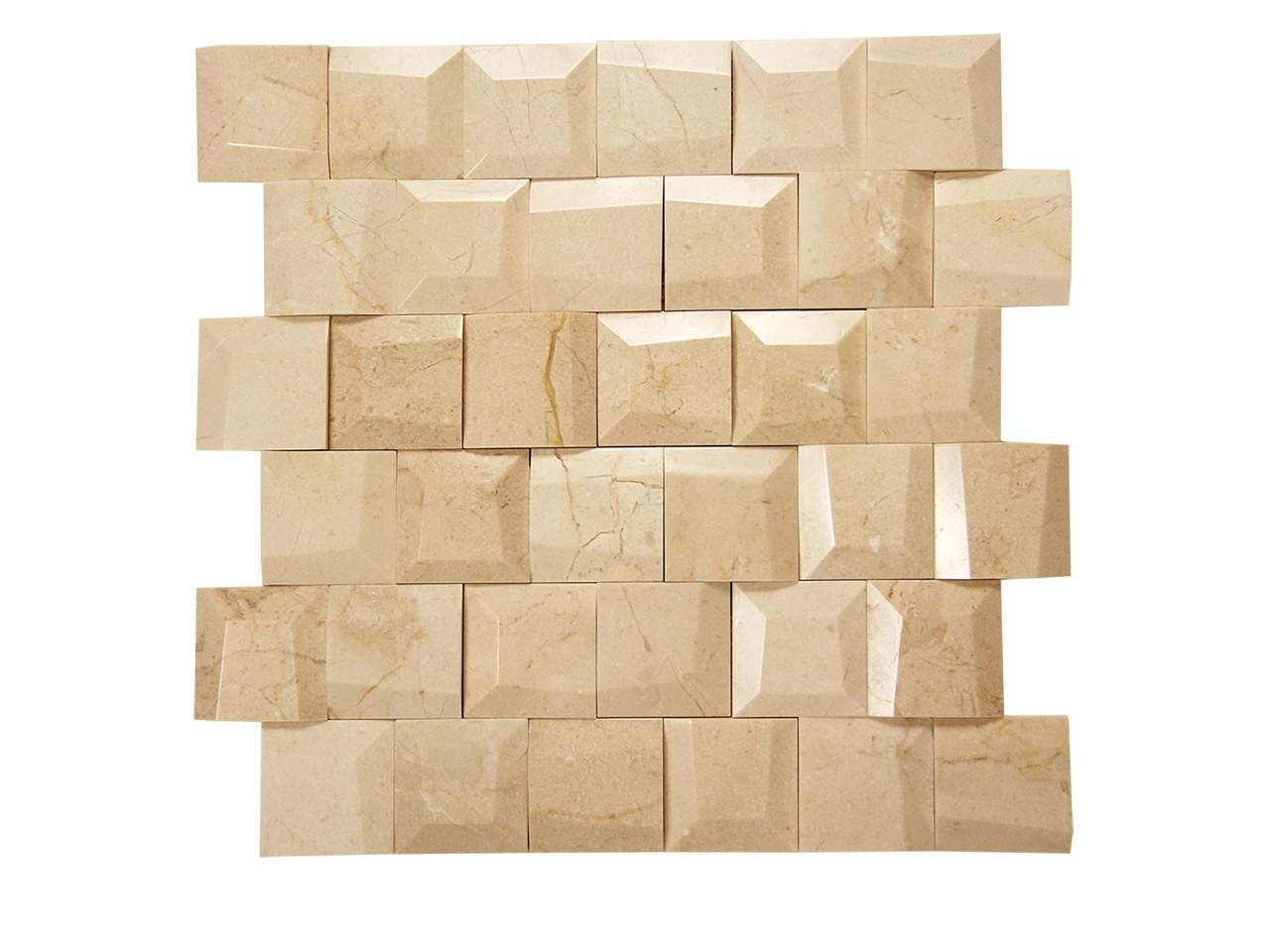 Beige geometric stone tile mosaic with textured square and rectangular shapes.