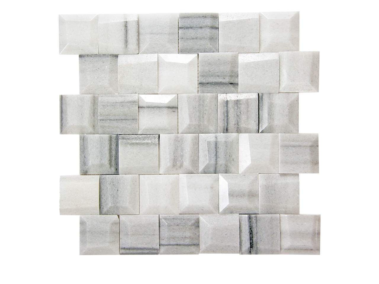 White and gray marble tile mosaic, square and rectangular shapes, on a white background.
