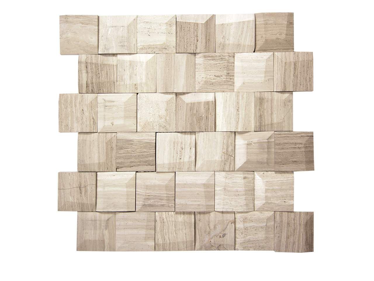 Beige and tan textured stone tile backsplash.