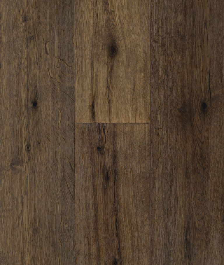 Dark brown wood flooring with grain and knots.