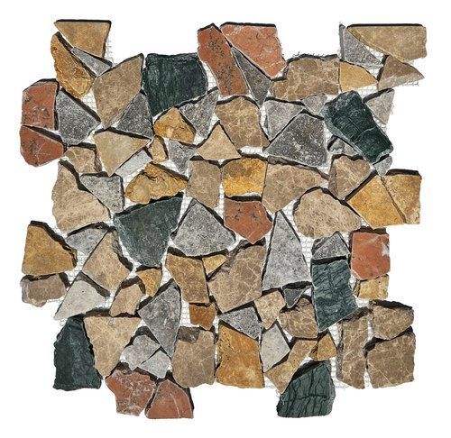 Mosaic tile with irregular, multi-colored stone pieces.
