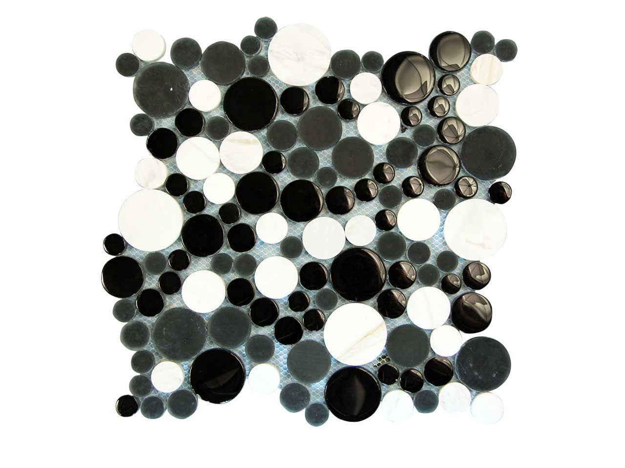 Mosaic tile with black, white, and gray circular stones on a mesh backing.