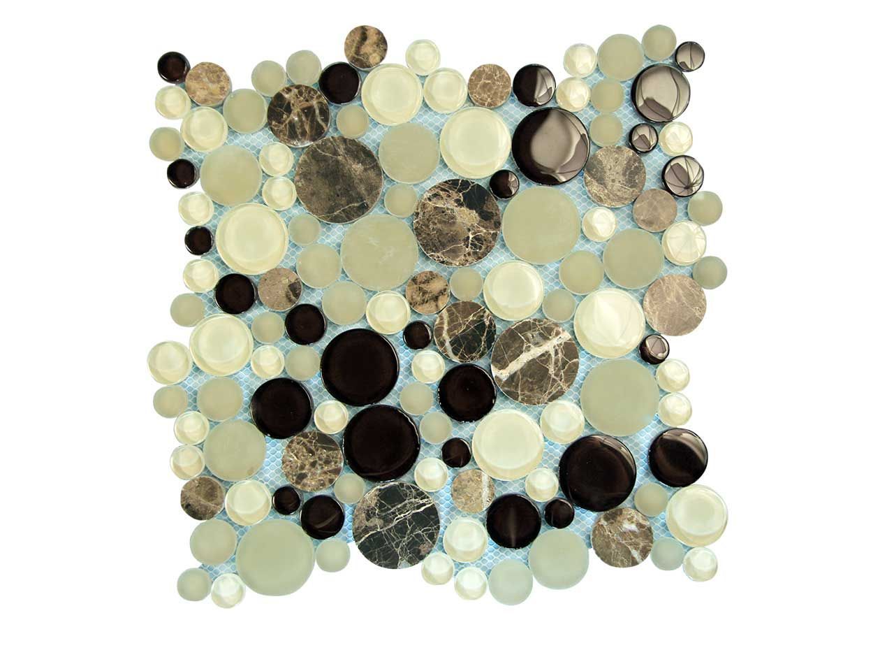 Mosaic tile with various sized, round, beige, brown and black tiles.