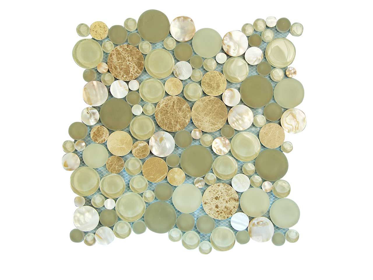 Mosaic tile with irregular arrangement of green, gold, and white circular tiles.