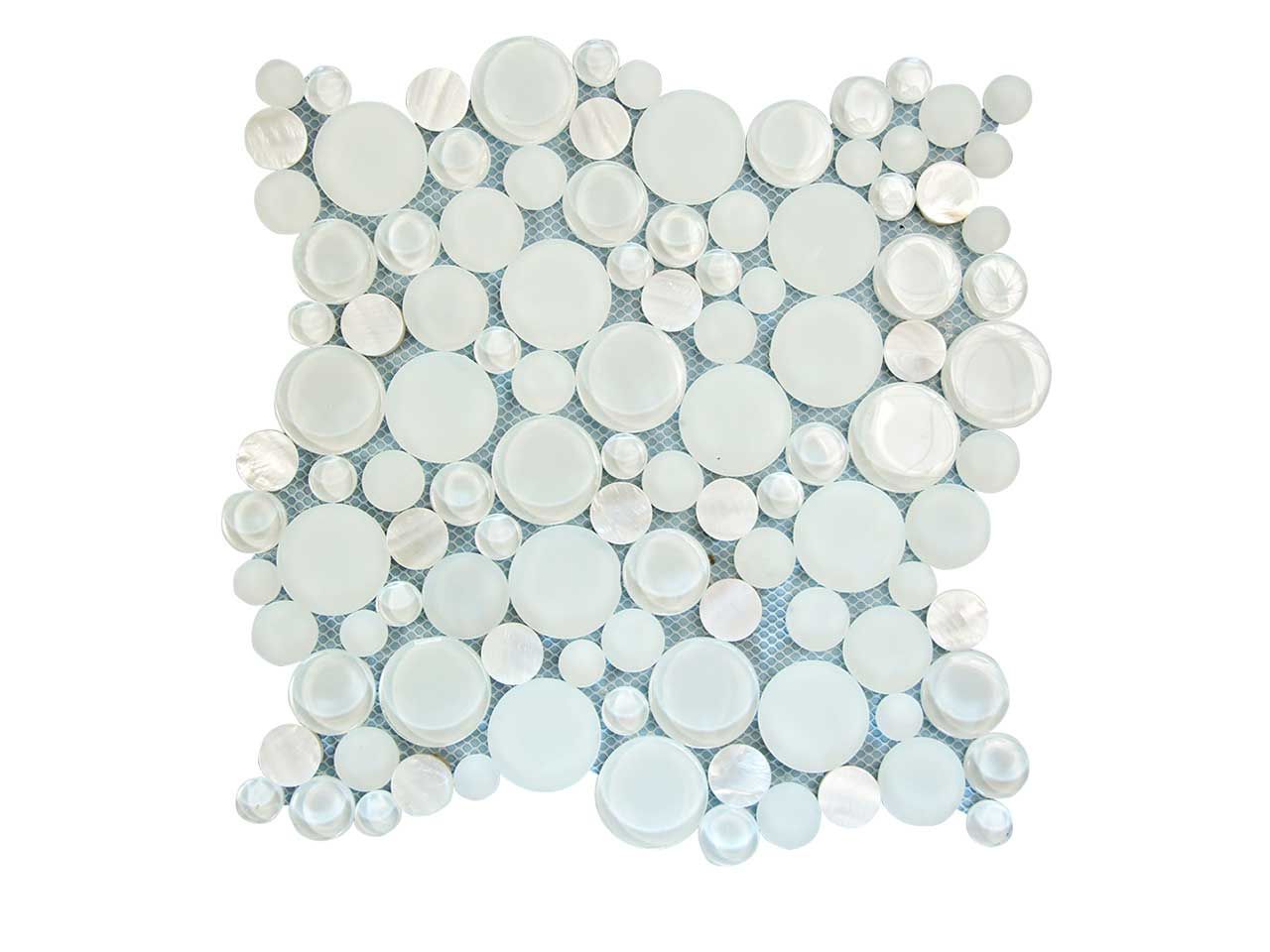 Mosaic tile: White frosted circles and mother-of-pearl accents on a light blue mesh backing.