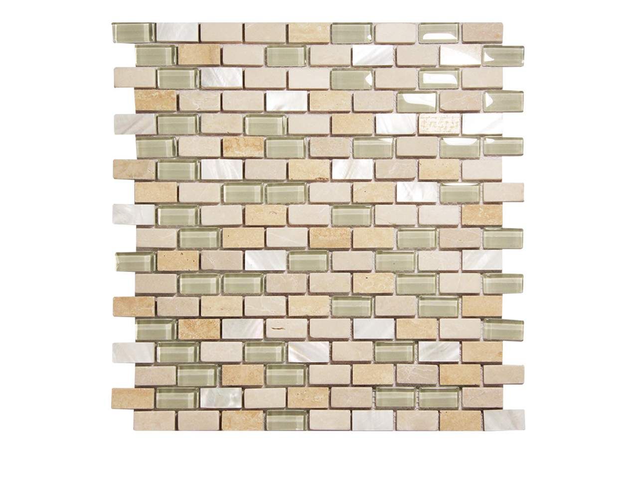 Mosaic tile sheet with beige, cream, and light green rectangular pieces in a brickwork pattern.