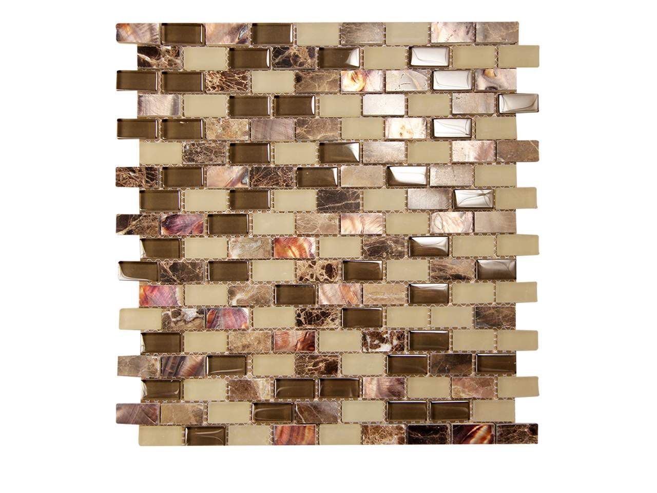 Mosaic tile sheet in shades of brown, beige, and metallic, in a brickwork pattern.