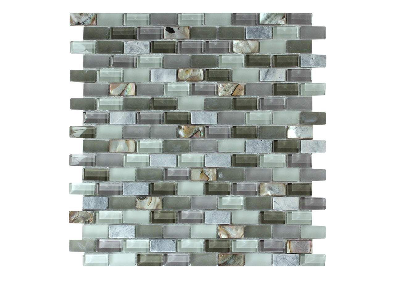 Mosaic tile with gray, white, and brown rectangular pieces.