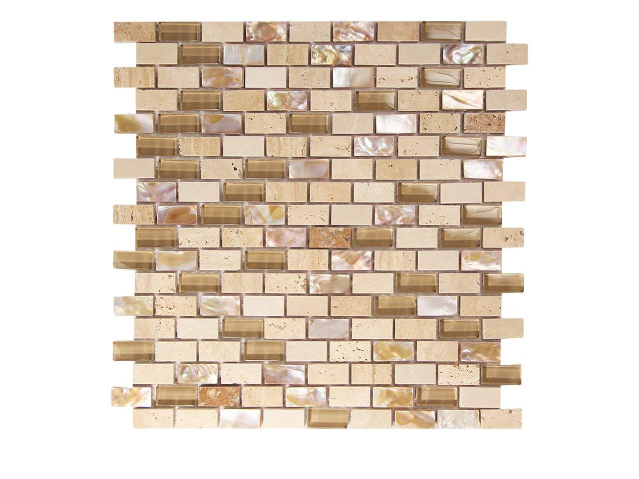 Beige and brown rectangular tile mosaic with iridescent and glass accents.