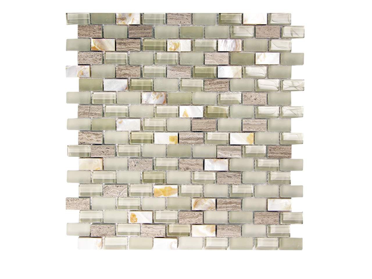 Mosaic tile: beige, tan, and light green rectangular stones and glass tiles arranged in a brick pattern.