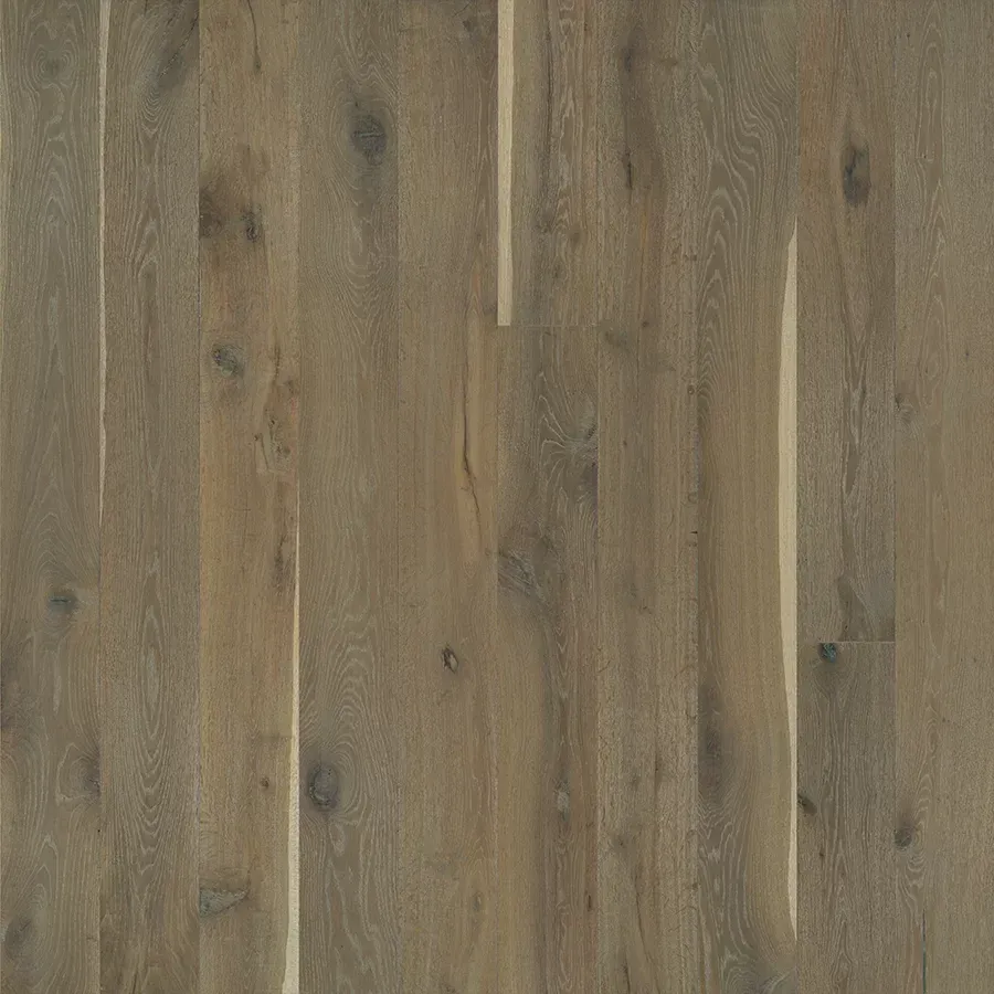 Gray-toned hardwood floor planks with prominent wood grain and knots, creating a rustic aesthetic.