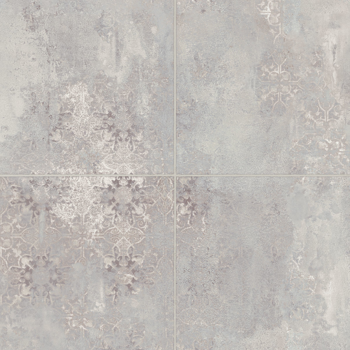 Four gray patterned tiles with faded snowflake-like designs.