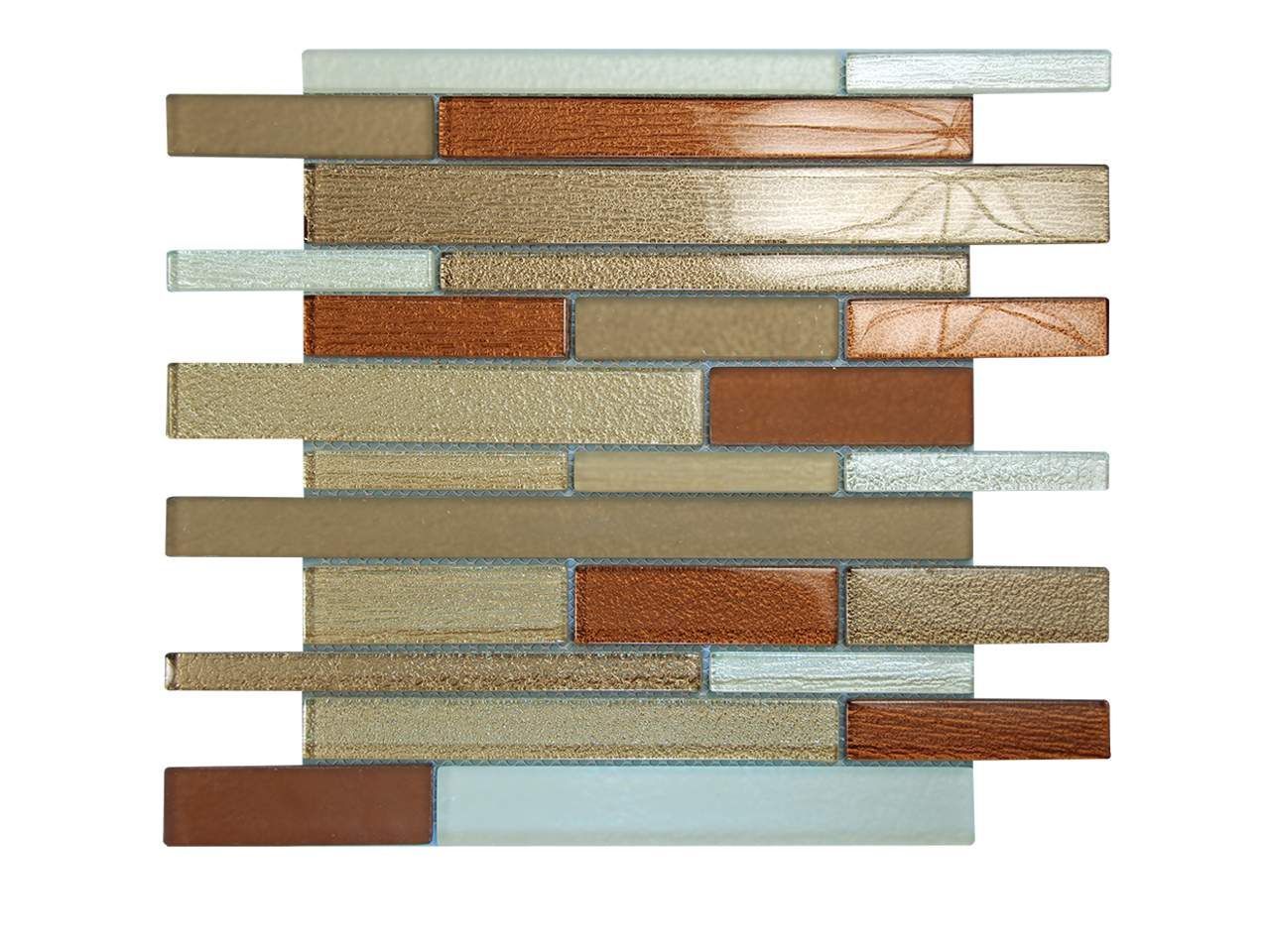 Mosaic tile with tan, brown, orange, and light blue rectangular pieces in a staggered pattern.