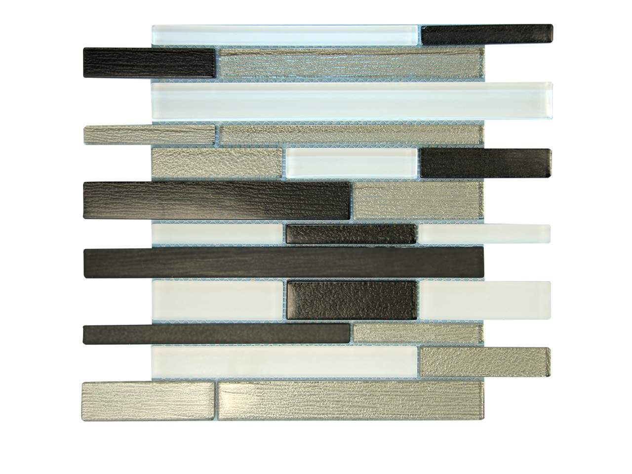 Mosaic tile, silver, black, and white rectangular pieces arranged in a random pattern.