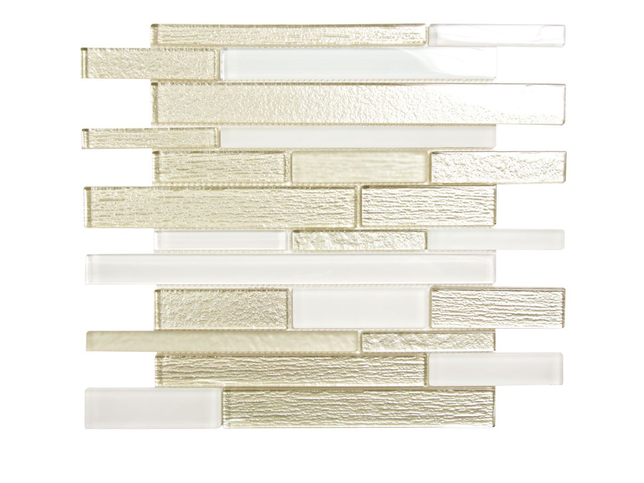 Gold and white mosaic tile with varying rectangular shapes.