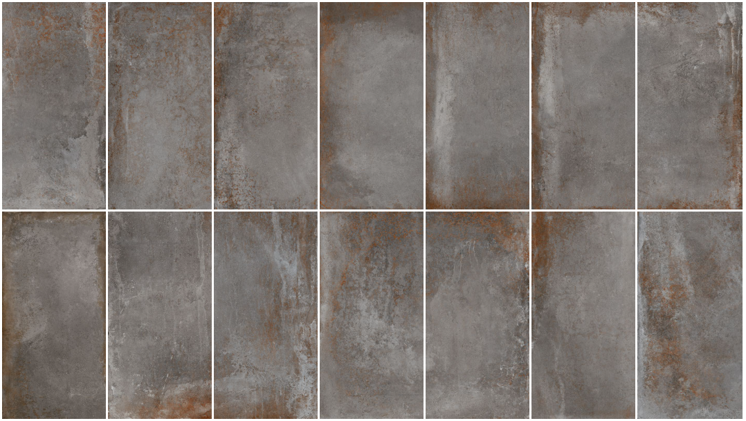 Gray and rust-colored rectangular tiles arranged in two rows, simulating a stone or metal surface.
