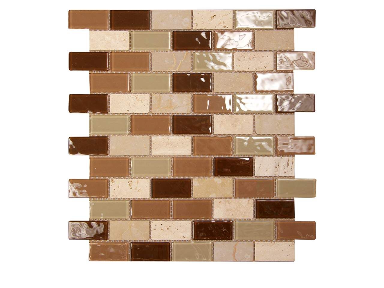 Mosaic tile in shades of brown, beige, and light green arranged in a brick pattern.