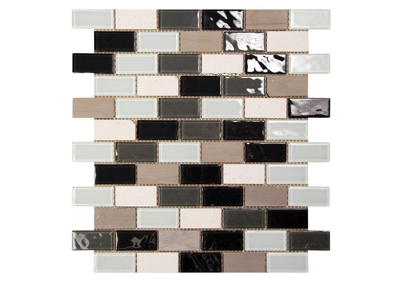 Mosaic tile in neutral tones: black, gray, beige, and white, arranged in a brick pattern.