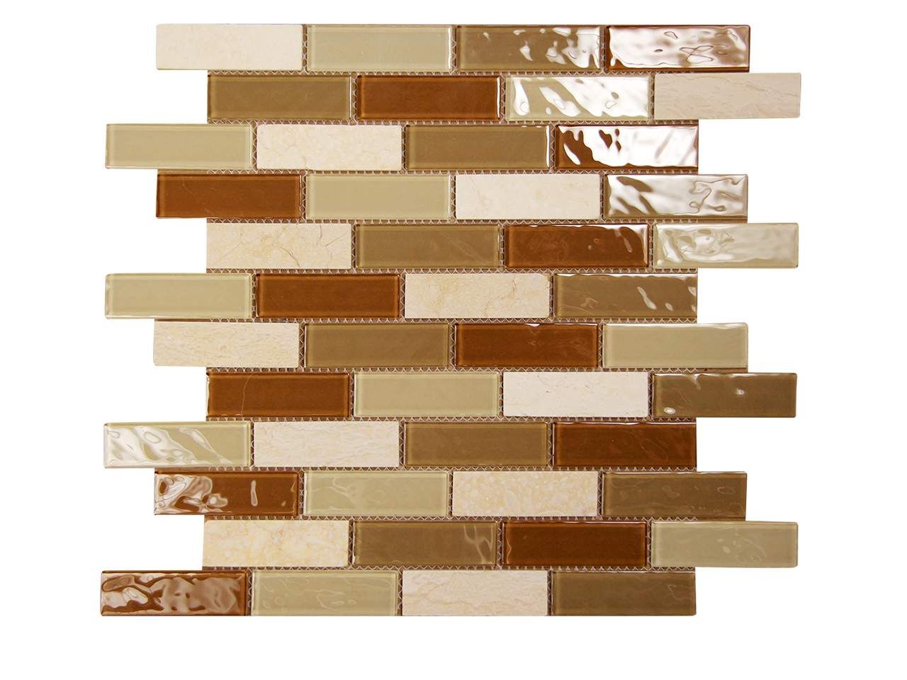 Mosaic tile in shades of tan, beige, and brown, arranged in a brick pattern.