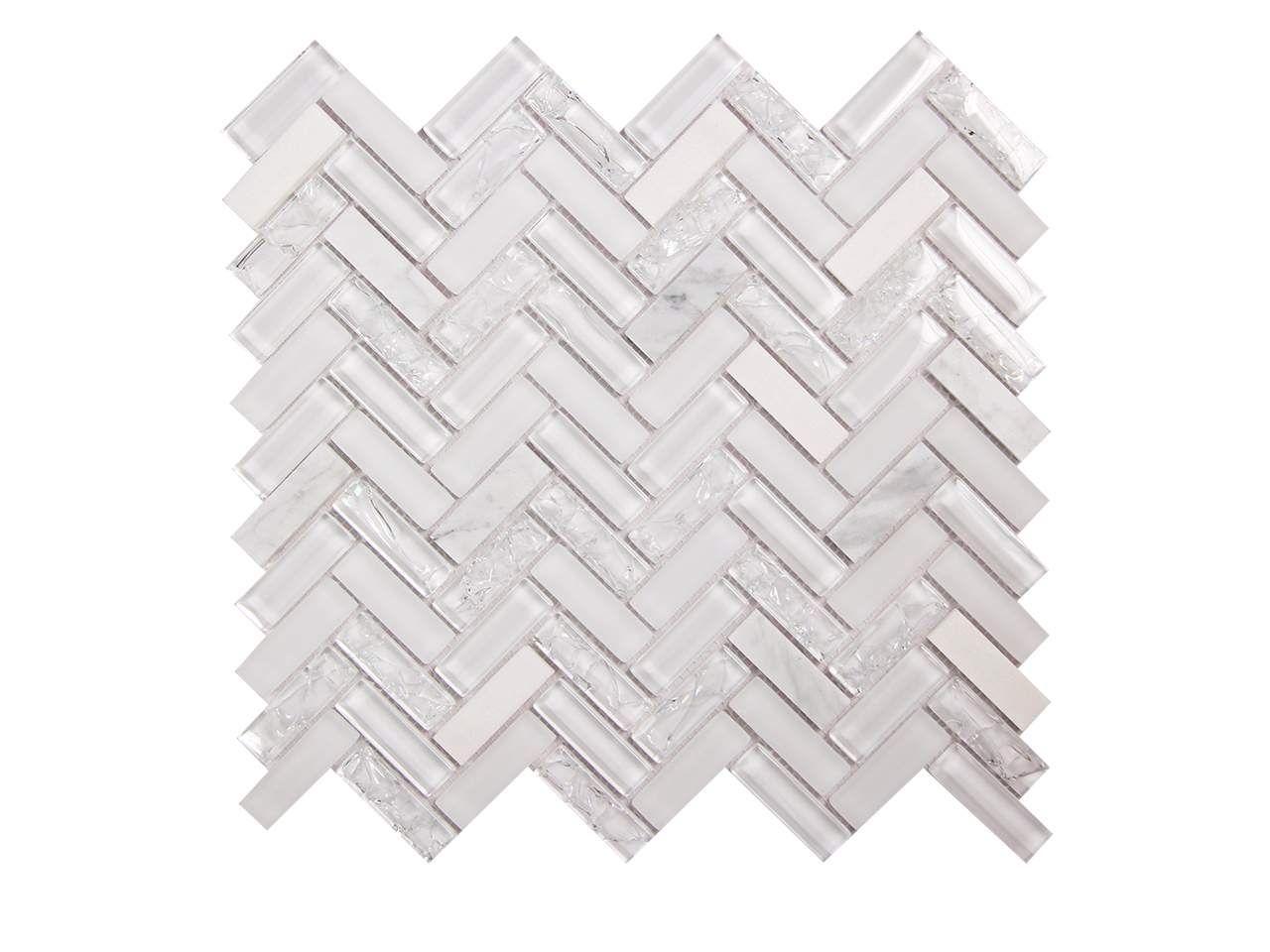 White and silvery herringbone mosaic tile pattern, with some reflective elements.