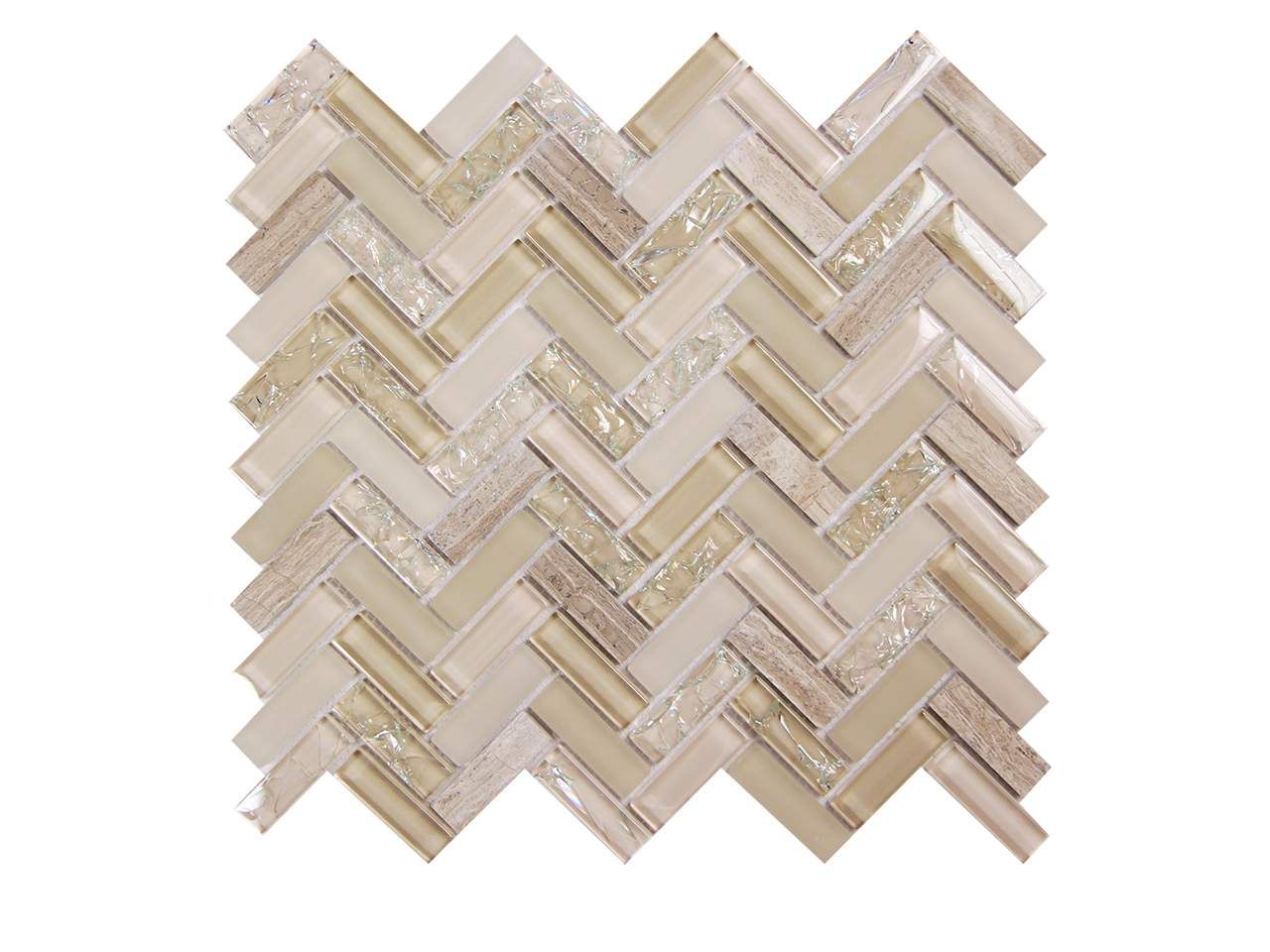 Beige, tan, and white herringbone pattern mosaic tile.