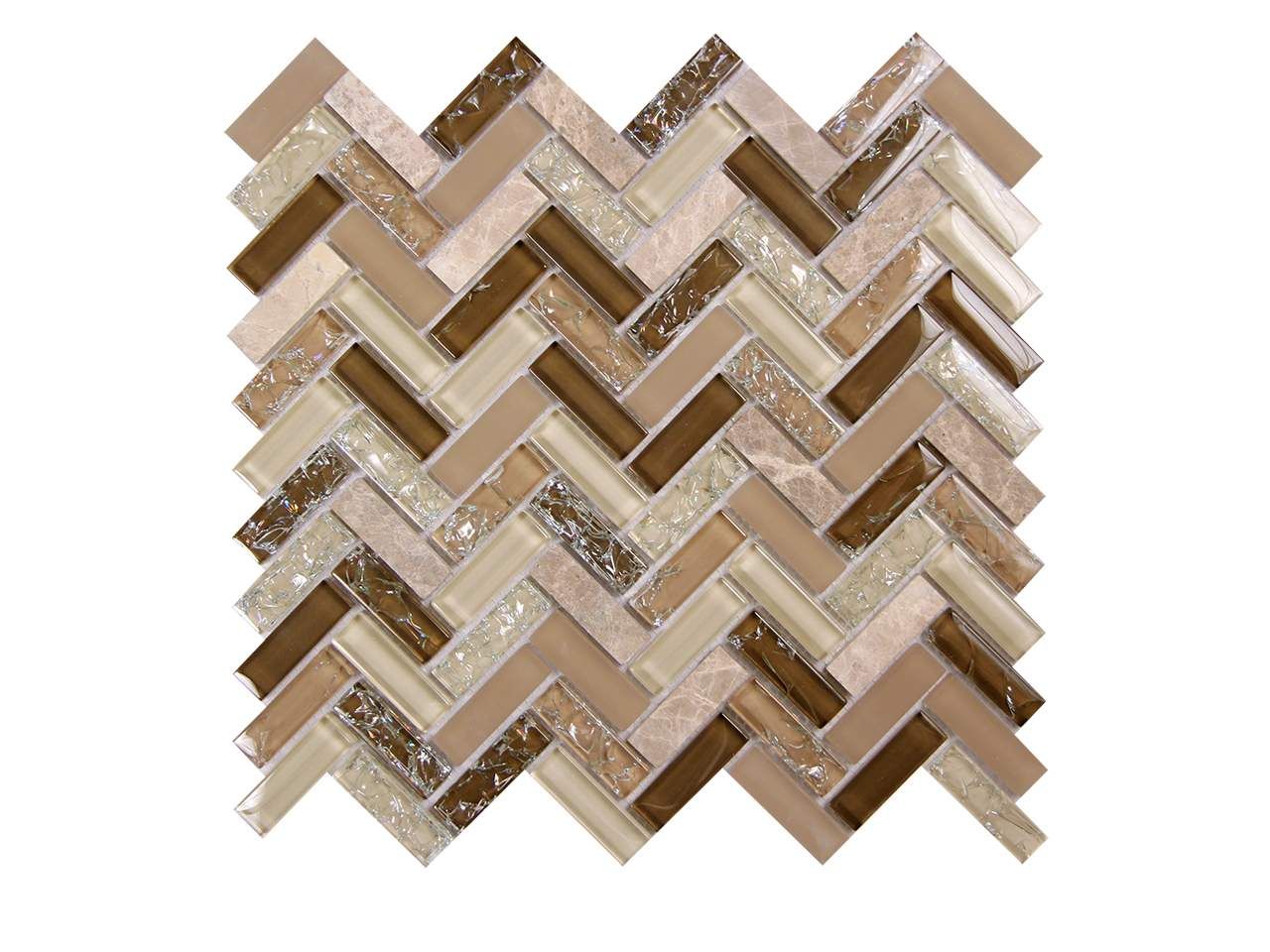 Herringbone mosaic tile in shades of brown, beige, and iridescent glass.