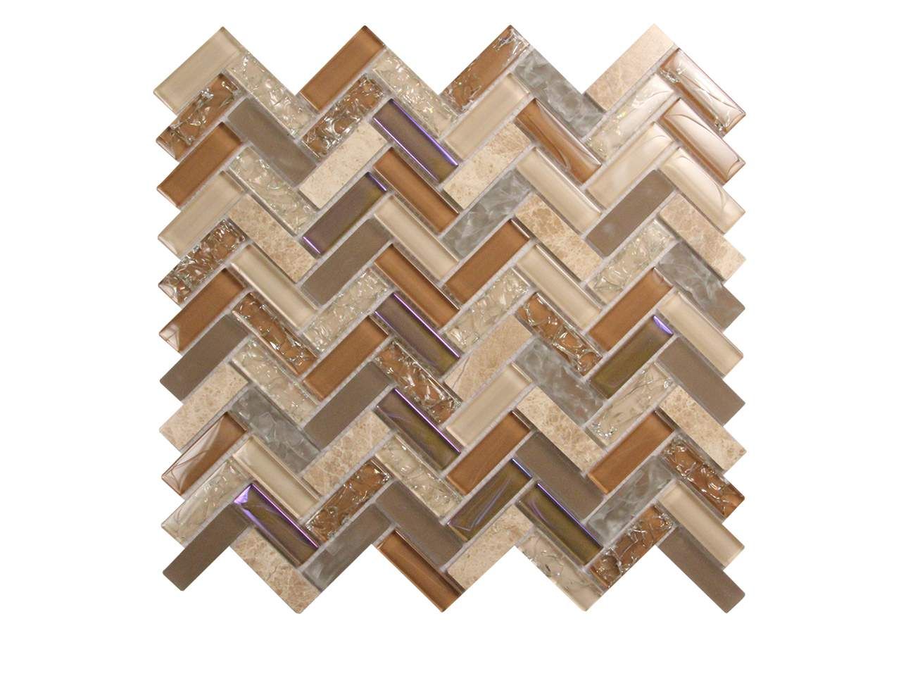 Herringbone mosaic tile in beige, brown, and tan tones.