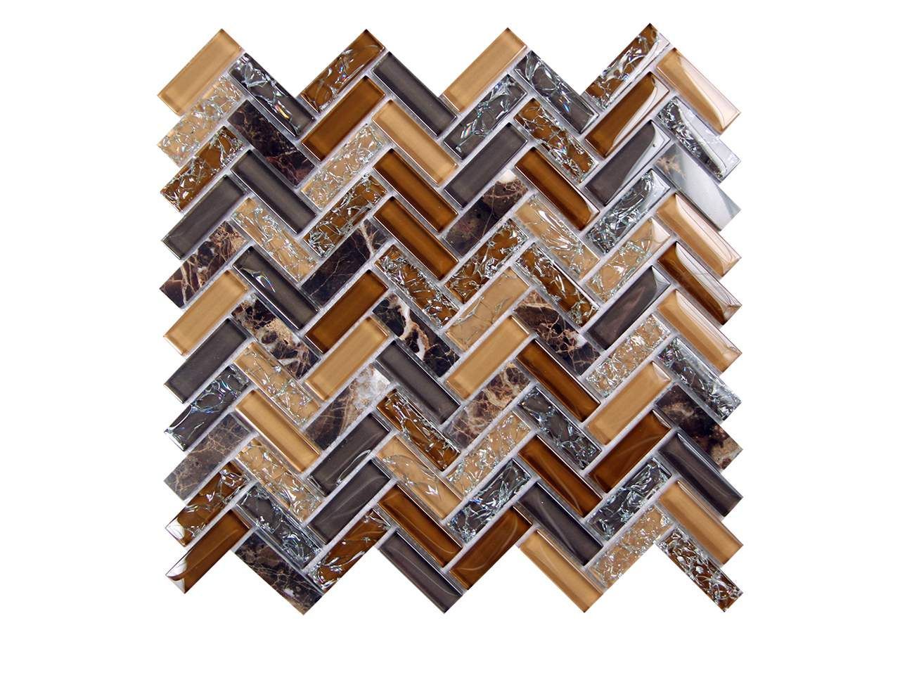 Herringbone mosaic tile in shades of brown, beige, and gray.