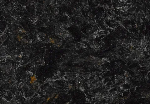 Black quartz countertop with swirling gray and gold veining.