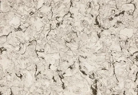 White and gray marbled surface with dark veining, resembling stone.