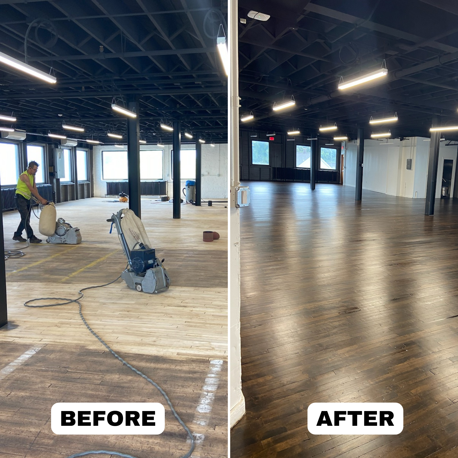 Before and after of a large room with wood flooring being sanded, then refinished to a dark brown.